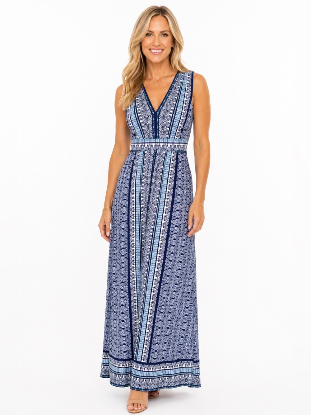 Max Studio Sleeveless V-Neck Blue Pattern Casual Stretch Maxi Dress